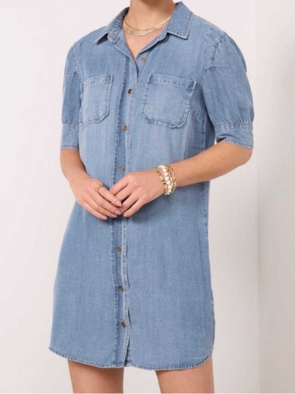 Kut from the Kloth Sylvia denim short ruched sleeve Shirtdress, XL, workwear